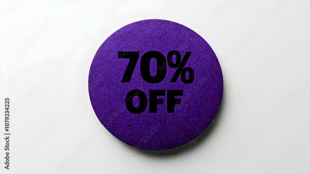 Black '70% OFF' Text on a Dark Purple Round Paper Note. White Background with Copy Space Black '70% OFF' Text on a Dark Purple Round Paper Note. White Background with Copy Space