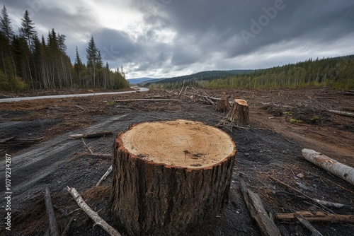 Deforested Landscape with Tree Stump