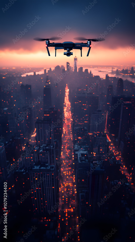 Aerial view of a city skyline with a drone flying ominously above, creating a futuristic and slightly eerie atmosphere. The drone’s presence over the sprawling urban landscape emphasizes the intersect Aerial view of a city skyline with a drone flying ominously above, creating a futuristic and slightly eerie atmosphere. The drone’s presence over the sprawling urban landscape emphasizes the intersect