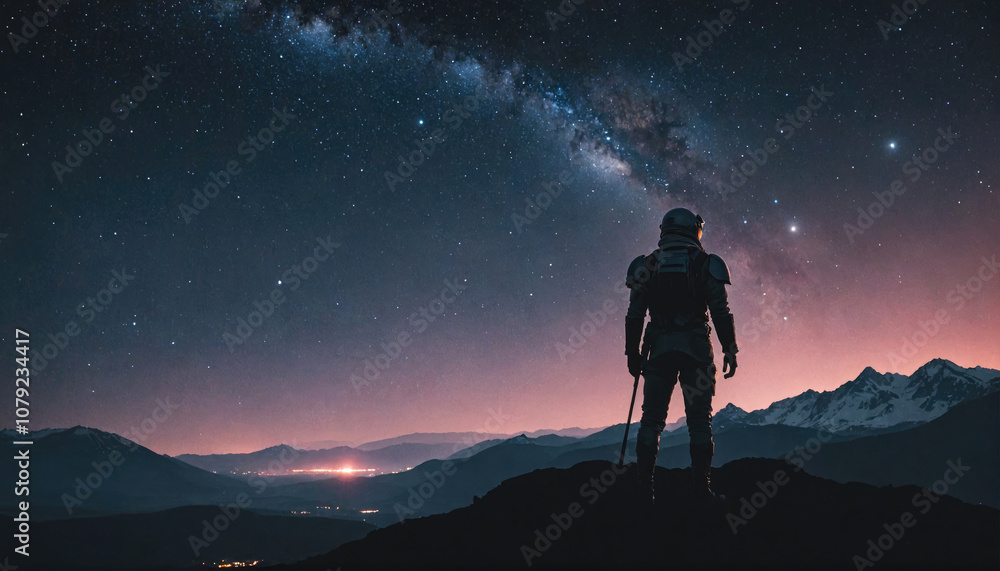 Fototapeta premium A lone figure stands on a mountaintop, gazing at the Milky Way galaxy, which stretches across the night sky