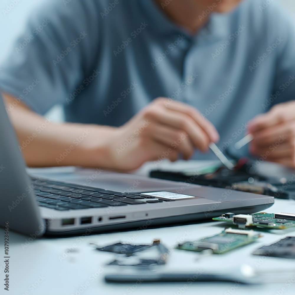 Technician repairing a laptop with tools on the table, captured in hyper-realistic 4K HDR detail. Close-up view of the open laptop, showing the intricate motherboard and components. Keywords: laptop r Technician repairing a laptop with tools on the table, captured in hyper-realistic 4K HDR detail. Close-up view of the open laptop, showing the intricate motherboard and components. Keywords: laptop r