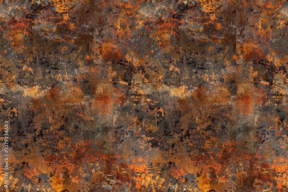 A seamless pattern of rusty orange, brown, and grey tones with blotchy texture, simulating weathered metal. A seamless pattern of rusty orange, brown, and grey tones with blotchy texture, simulating weathered metal.