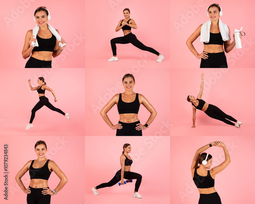 A fitness enthusiast demonstrates a range of exercises, including lunges, stretches, and cardio moves, while wearing a sleek workout outfit. The vibrant pink background adds energy. photo