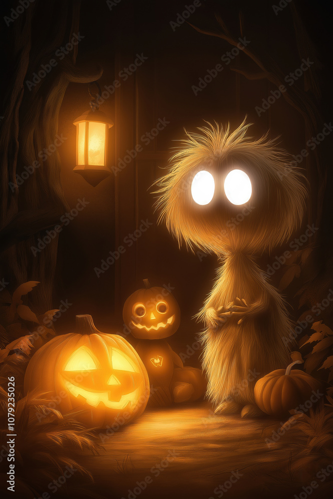 A whimsical creature stands by glowing pumpkins on a Halloween night in a dark forest A whimsical creature stands by glowing pumpkins on a Halloween night in a dark forest