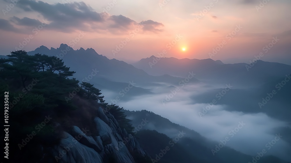 Sunrise warm glow mountains and misty clouds picture Sunrise warm glow mountains and misty clouds picture