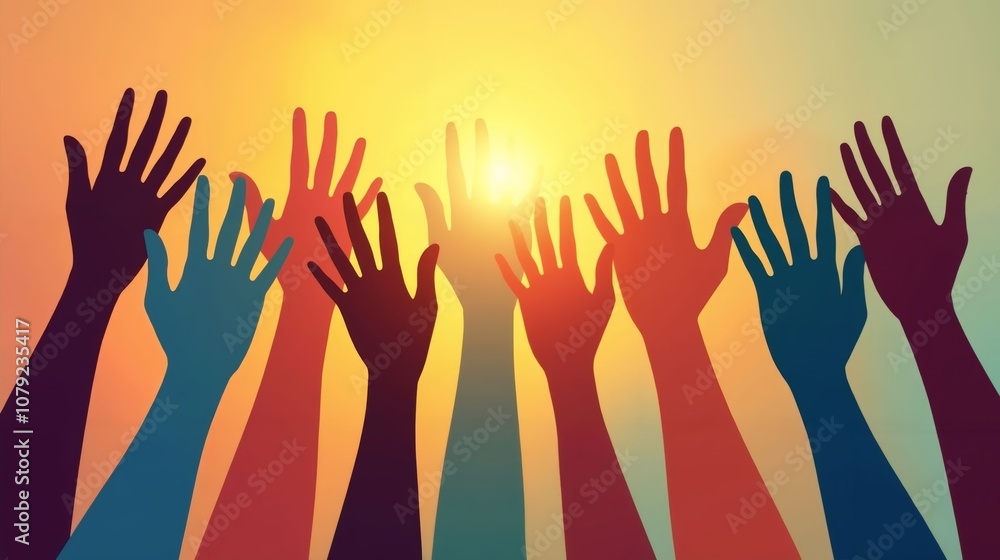 Diverse Hands Reaching Upward in Unity for Racial Equality, Abstract Surrealism in Golden Hour Light Diverse Hands Reaching Upward in Unity for Racial Equality, Abstract Surrealism in Golden Hour Light