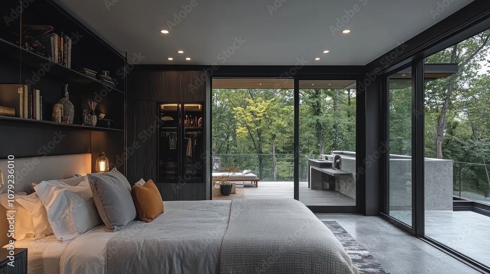 Modern bedroom with large windows overlooking a patio and wooded area. Modern bedroom with large windows overlooking a patio and wooded area.