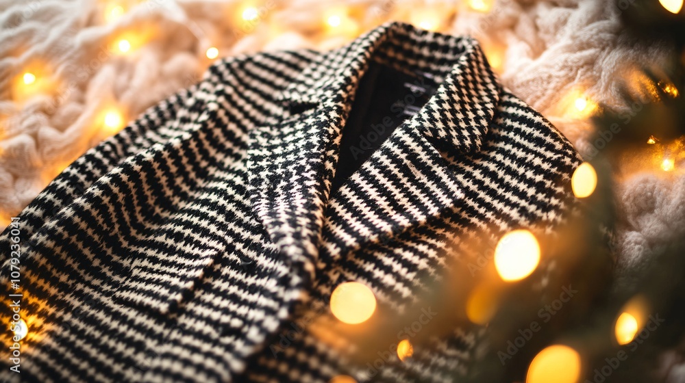 Long houndstooth coat in black and white, isolated on a neutral background with gentle golden holiday lights Long houndstooth coat in black and white, isolated on a neutral background with gentle golden holiday lights