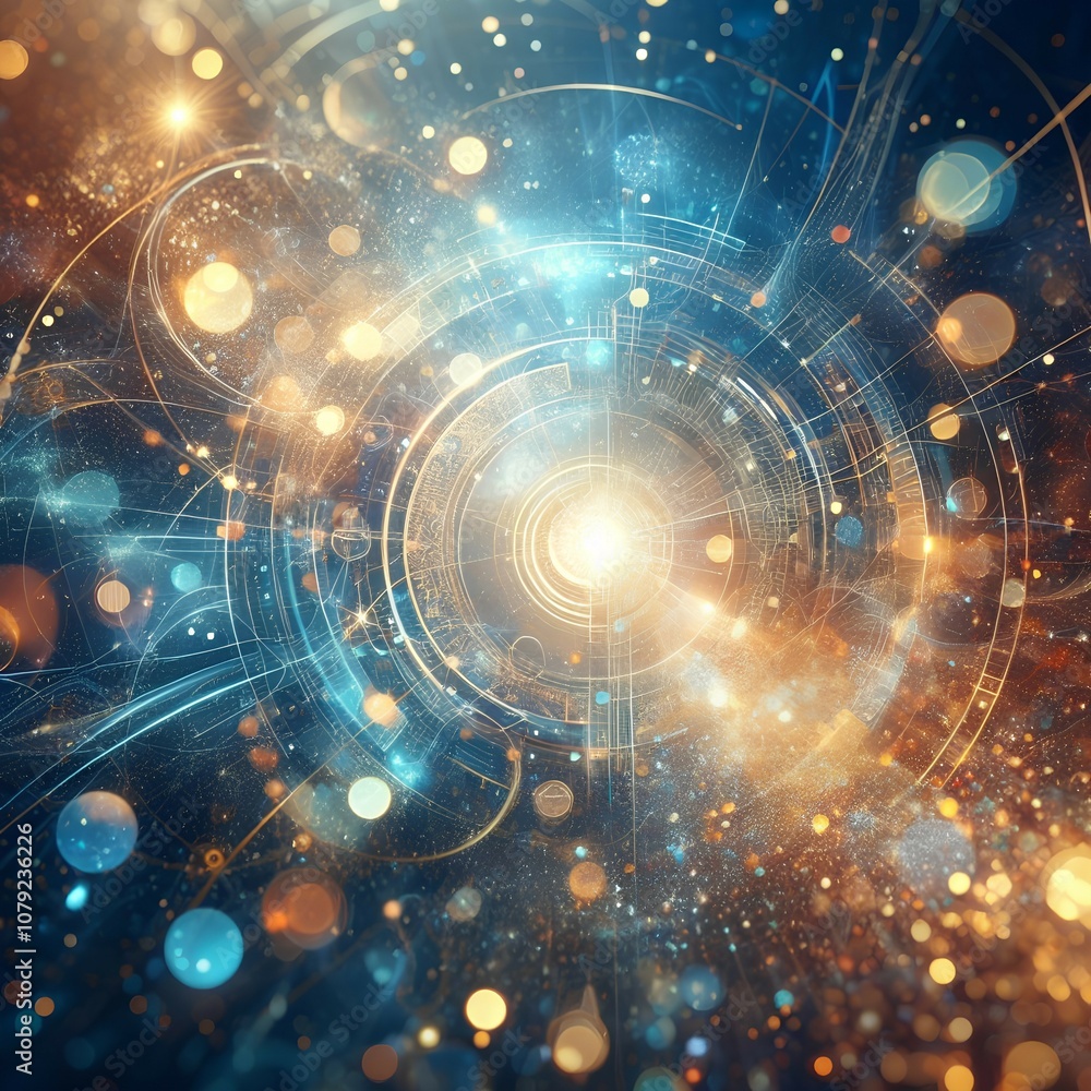Obraz premium Cosmic clock, celestial mechanics, swirling galaxies, glowing particles, golden light, blue energy, intricate gears, astronomical chart, sacred geometry, mystical symbols, ethereal atmosphere