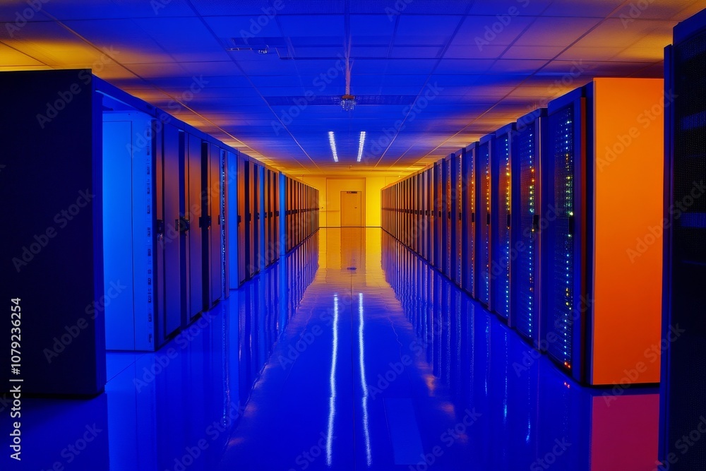 Fototapeta premium Vibrant Server Room - A Technological Hallway of Illumination and Reflection