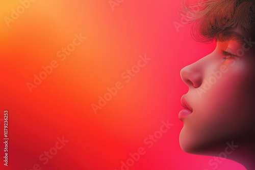 Profile of a young person against a vibrant gradient background during twilight