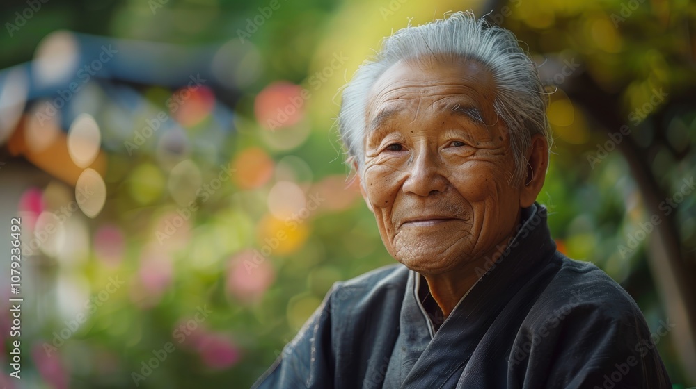 Surrounded by a spectrum of backgrounds, a dignified Asian elder's confident stance exudes a timeless elegance and poise Surrounded by a spectrum of backgrounds, a dignified Asian elder's confident stance exudes a timeless elegance and poise