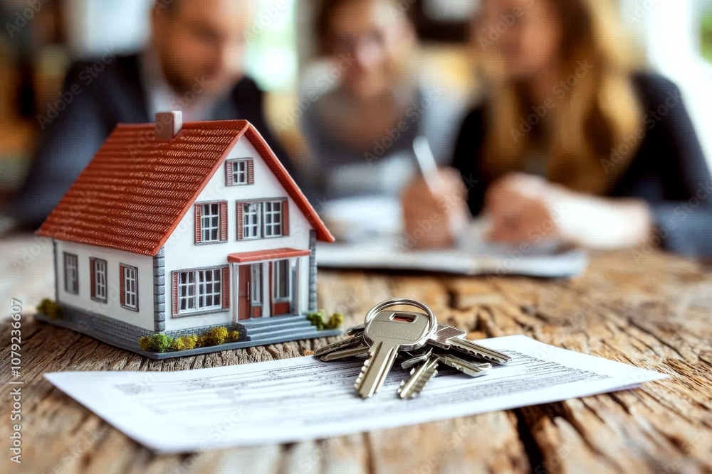 A small house model and keys are on a wooden table with blurred people in the background. Concept of real estate, home buying, or property investment.