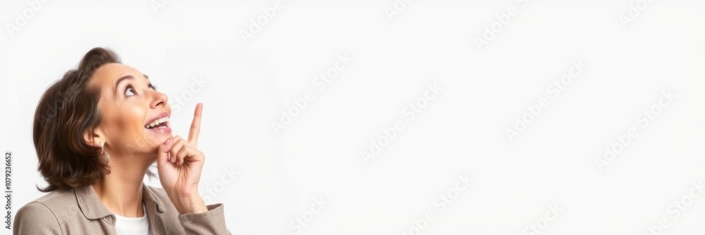 Excited middle-aged woman pointing upwards and to the side in surprise, with a big smile and wide eyes, emotion, amazed Excited middle-aged woman pointing upwards and to the side in surprise, with a big smile and wide eyes, emotion, amazed