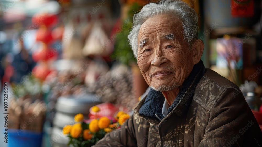 Surrounded by a spectrum of backgrounds, a dignified Asian elder's confident stance exudes a timeless elegance and poise Surrounded by a spectrum of backgrounds, a dignified Asian elder's confident stance exudes a timeless elegance and poise