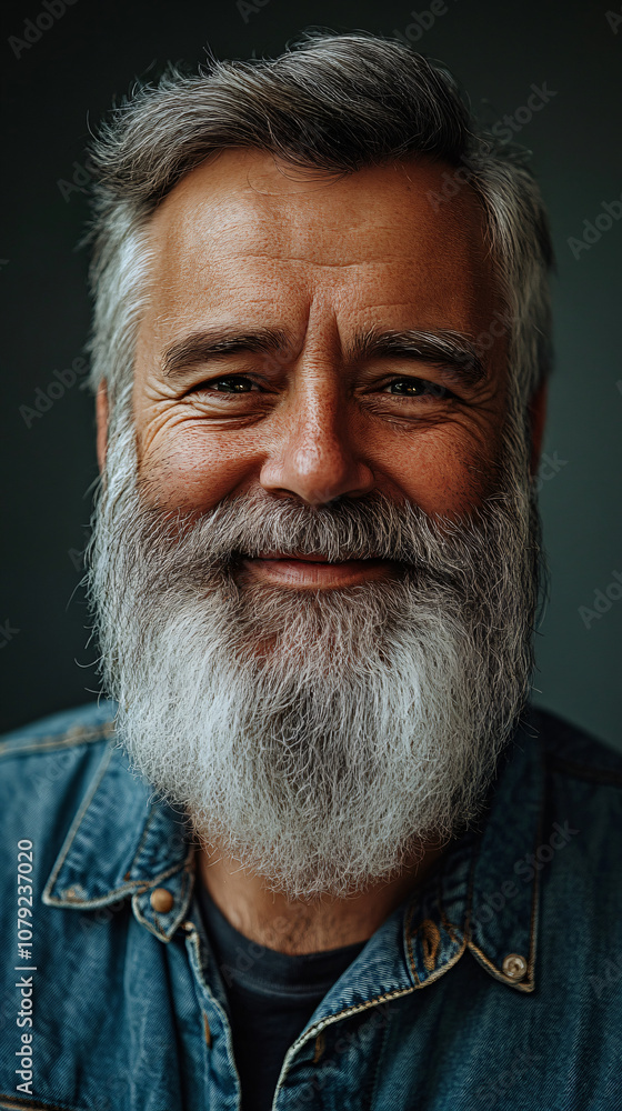Happy senior man with long gray beard and hair, wearing a denim shirt, smiling for a close-up portrait Happy senior man with long gray beard and hair, wearing a denim shirt, smiling for a close-up portrait