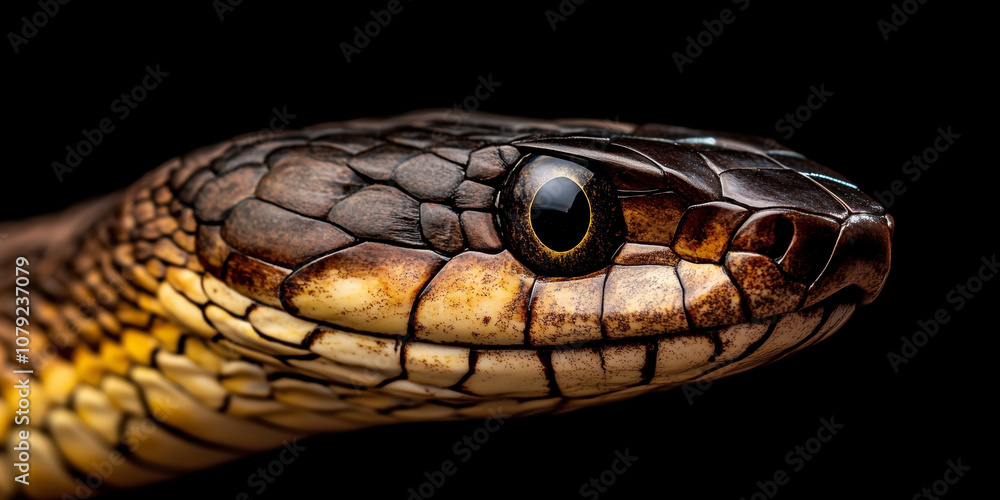 Close-up portrait of a yellow snake head on a black background, a dangerous deadly poisonous cobra with large eyes Close-up portrait of a yellow snake head on a black background, a dangerous deadly poisonous cobra with large eyes