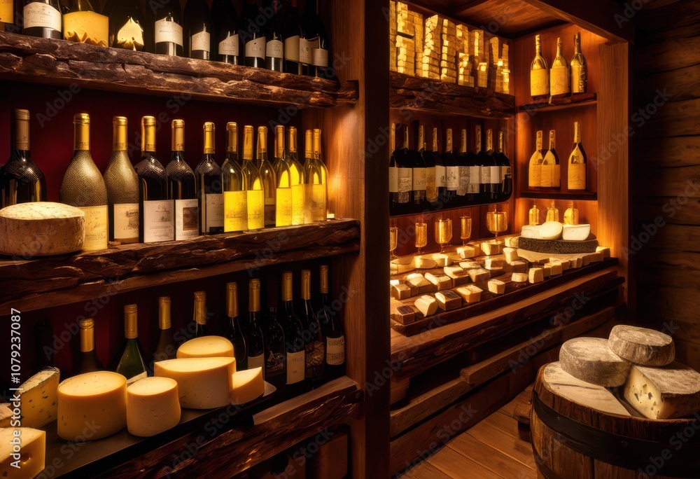 close view elegant wine bottles nestled alongside artfully curated selection fine cheeses indulgent culinary experience, variety, gourmet, display, luxury close view elegant wine bottles nestled alongside artfully curated selection fine cheeses indulgent culinary experience, variety, gourmet, display, luxury