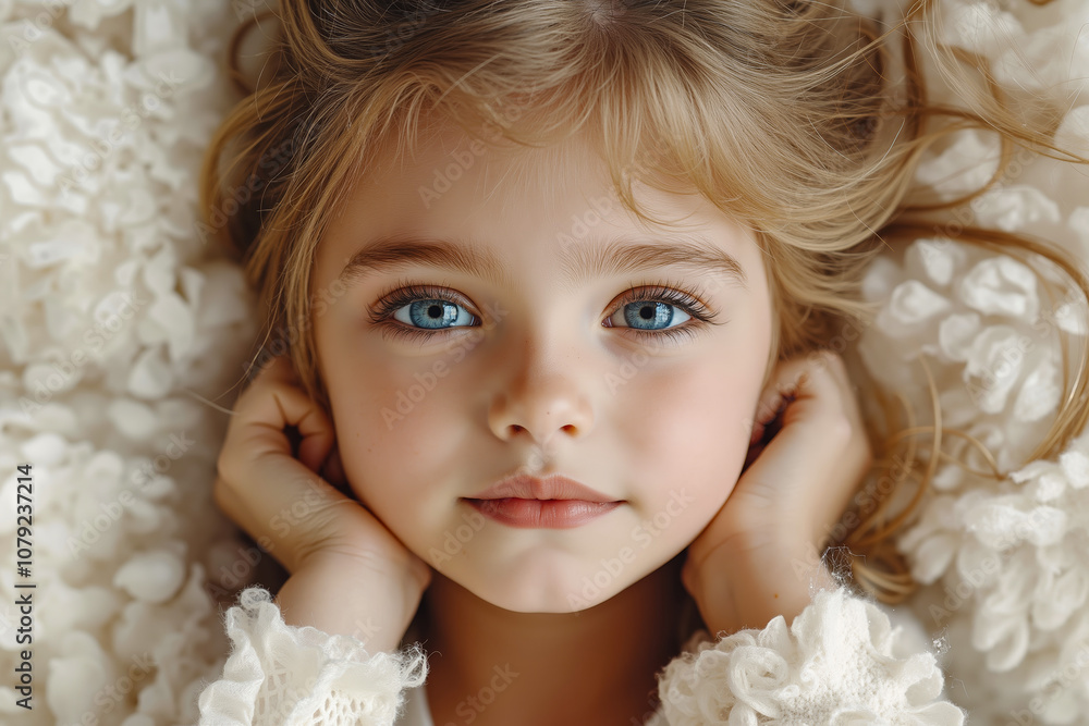 A little girl with blue eyes laying on a white blanket A little girl with blue eyes laying on a white blanket