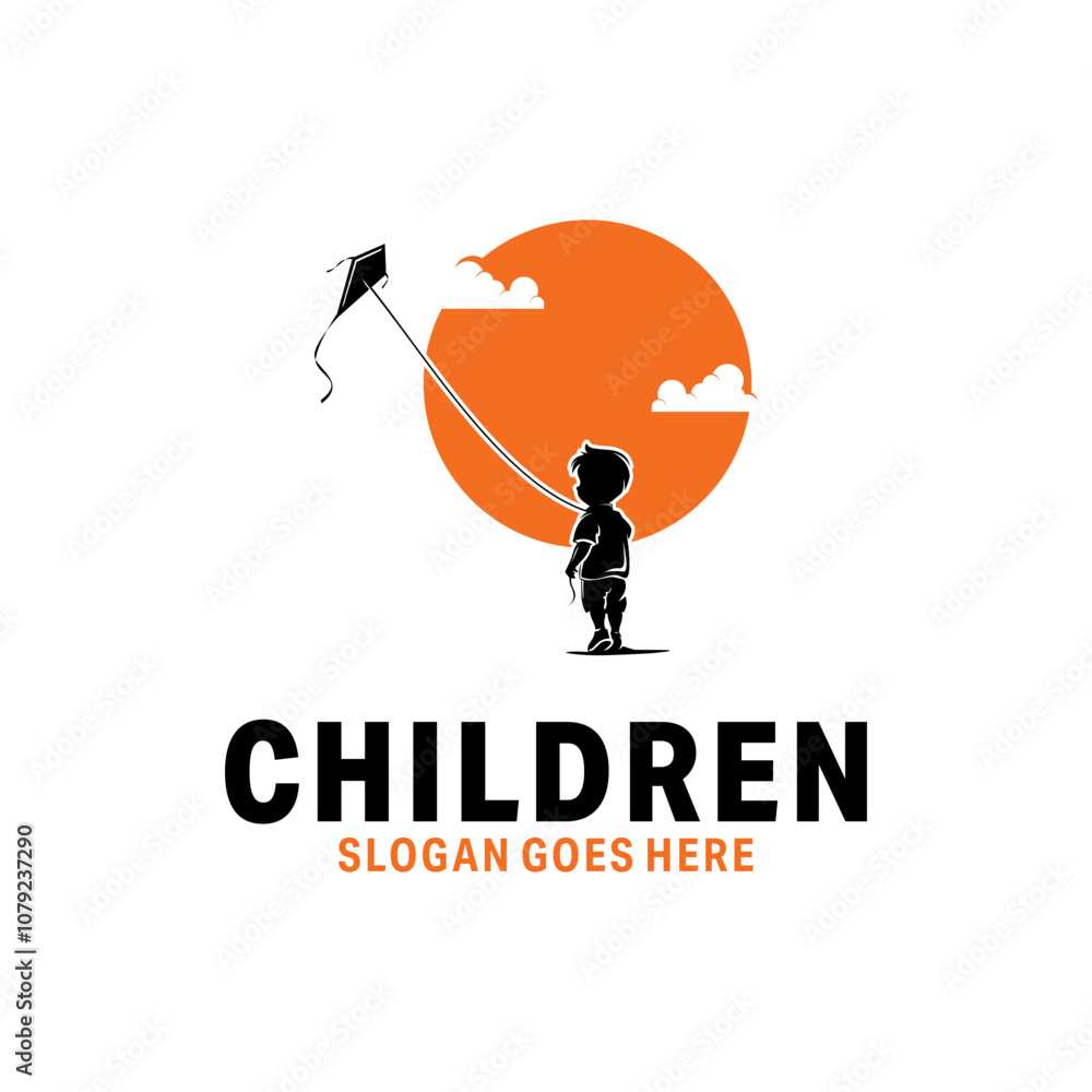 Children playing kite, vector illustration logo design template Children playing kite, vector illustration logo design template