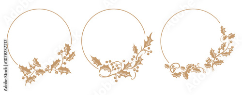 Gold Christmas holly botanical frames. Flat illustration border with golden leaves and berries on white background. Gold line circle with plant wreath. Vector image.