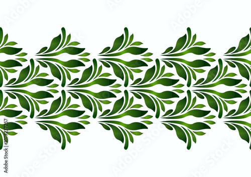 Green leaves design seamless border on white background. Folk floral vector illustration. Ethnic paisley ornament. Stylized fresh greenery. Fantasy curved leaves for decor clothes, home, etc