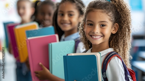 Cheerful Schoolchildren Holding Notebooks in Classroom