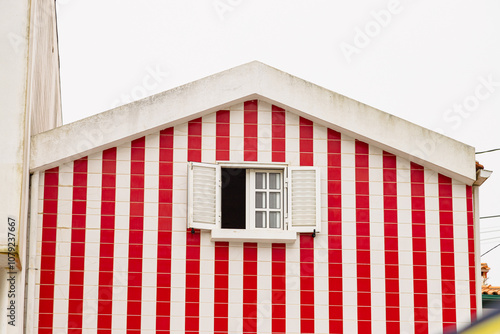 The popular striped city of Aveiro, Costa Nova. Beautiful and cozy streets in a small town on the ocean shore. 