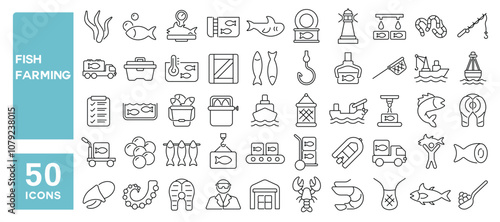Set of 50 line icons related to fish farming, factory, canned, sardine, tuna, salmon, breeding, seafood, manufacturing, fish, aquaculture, Editable stroke. Vector illustration