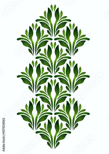 Graceful green leaves design element on white. Folk floral vector illustration. Ethnic paisley ornament. Stylized fresh greenery. Diagonal square fantasy curved plant elements for your design project