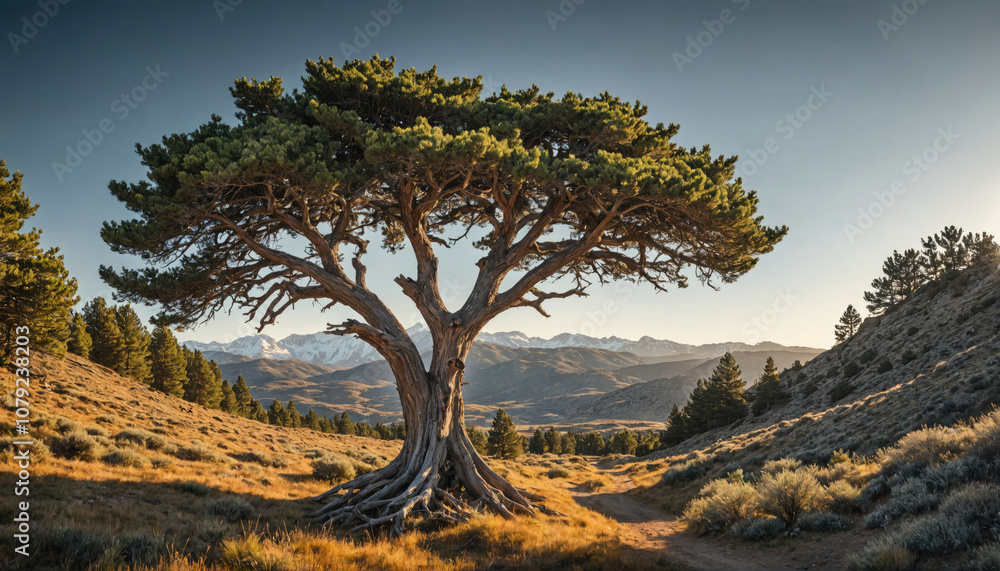 A lone tree stands tall against a backdrop of snow-capped mountains in the Sierra Nevada A lone tree stands tall against a backdrop of snow-capped mountains in the Sierra Nevada