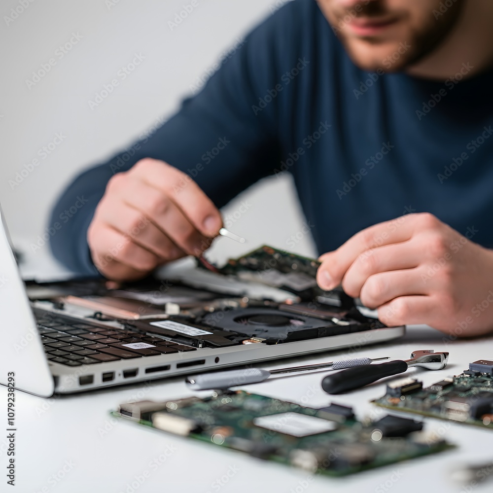 Technician repairing a laptop with tools on the table, captured in hyper-realistic 4K HDR detail. Close-up view of the open laptop, showing the intricate motherboard and components. Keywords: laptop r Technician repairing a laptop with tools on the table, captured in hyper-realistic 4K HDR detail. Close-up view of the open laptop, showing the intricate motherboard and components. Keywords: laptop r