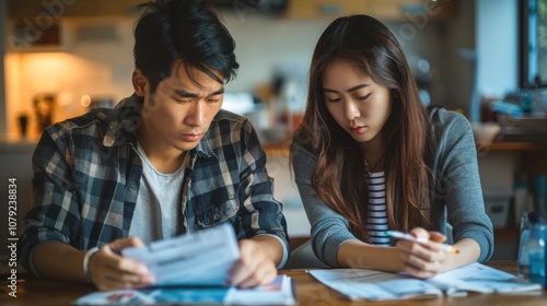 Young Asian couple, heads down, feeling the pressure of rising living costs and debt