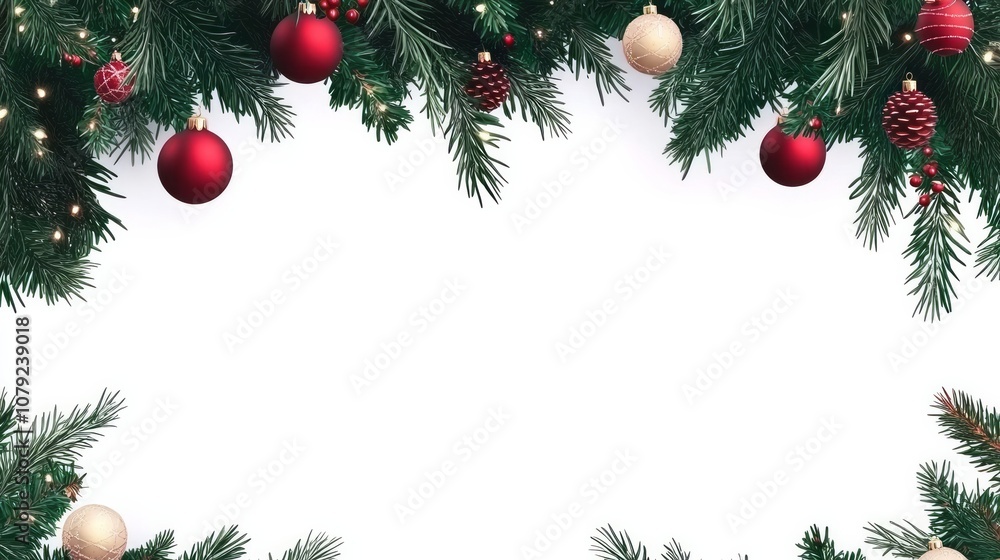 Seamless vector decoration isolated on white. Christmas tree frame, garland with ornaments stock illustration Seamless vector decoration isolated on white. Christmas tree frame, garland with ornaments stock illustration