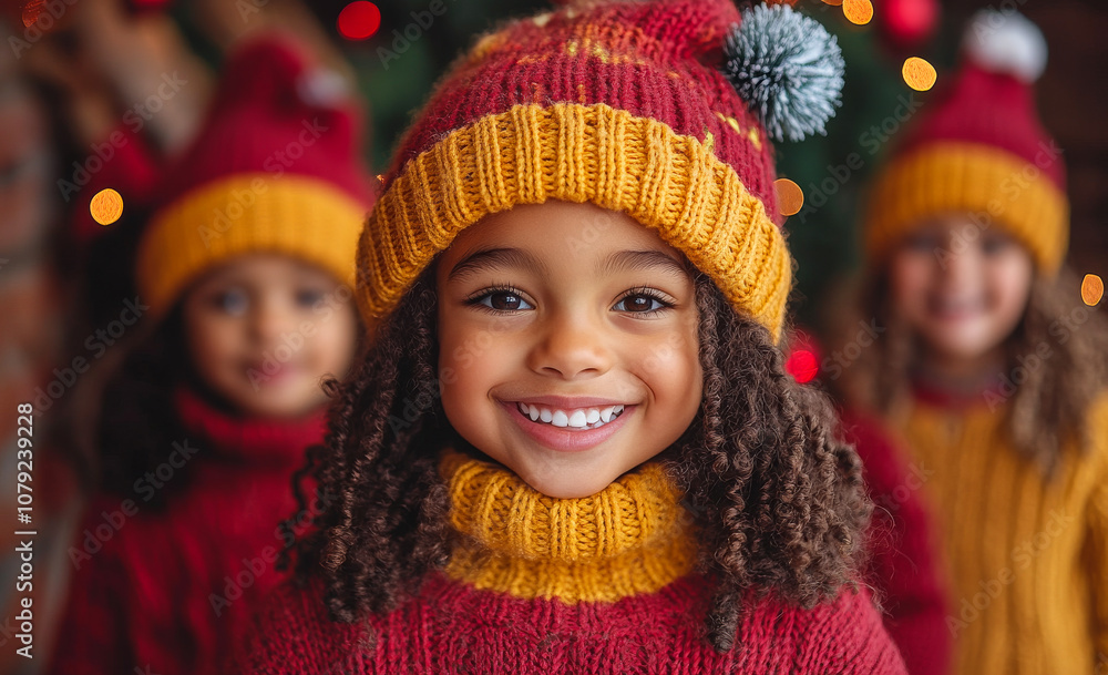 A young girl wearing a red and yellow hat and a red and yellow sweater is smiling. She is surrounded by other children who are also wearing red and yellow clothing. The scene is festive and joyful A young girl wearing a red and yellow hat and a red and yellow sweater is smiling. She is surrounded by other children who are also wearing red and yellow clothing. The scene is festive and joyful