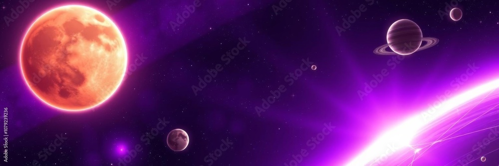 Illustration of glowing planet and shining sun on purple background, planets, beautiful