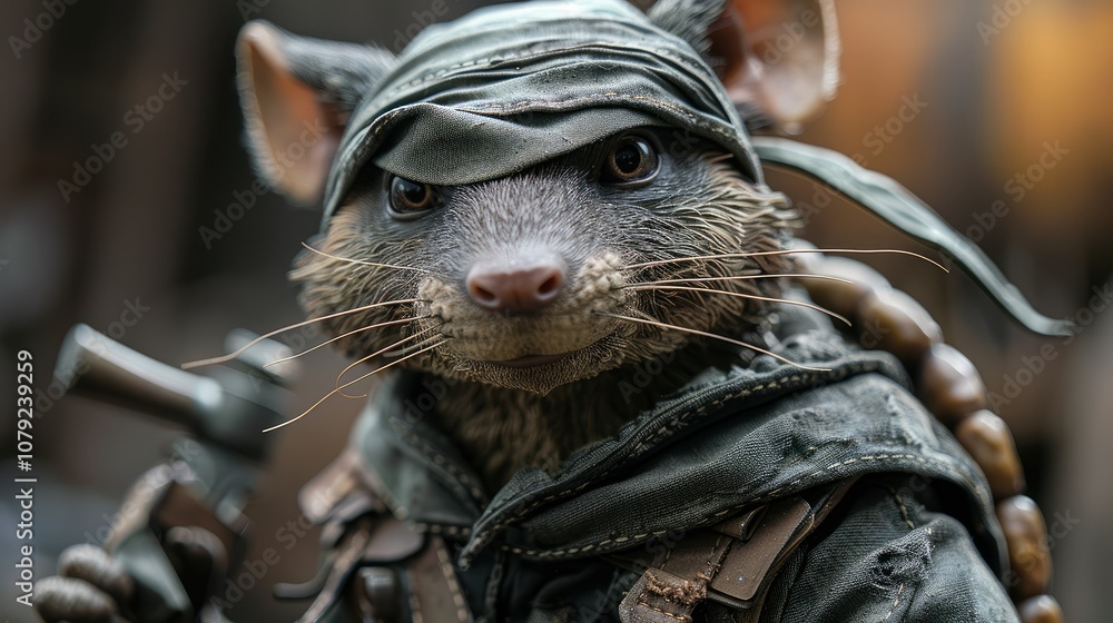 A close-up portrait of a rat with a bandana and a tool in its hand, looking directly at the camera. A close-up portrait of a rat with a bandana and a tool in its hand, looking directly at the camera.