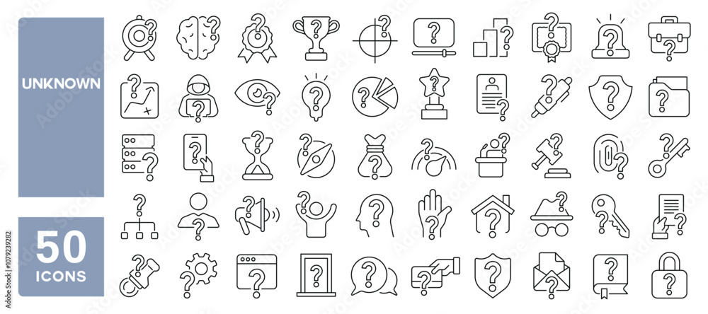 Set of 50 line icons related to unknown, question, ask, doubt, unclear, identity, document, statement, ambiguity, Editable stroke. Vector illustration Set of 50 line icons related to unknown, question, ask, doubt, unclear, identity, document, statement, ambiguity, Editable stroke. Vector illustration