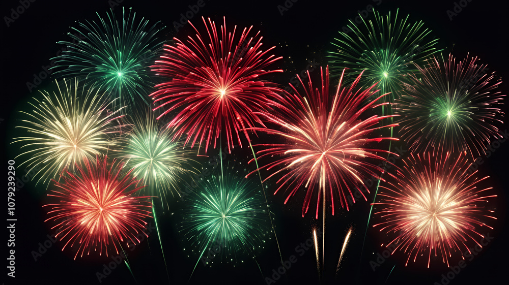 Fototapeta premium Festive Fireworks burst of colorful A burst of colorful abstract fireworks in red, green, and white against a dark background, giving a vibrant and celebratory feel to Christmas and New Year’s 
