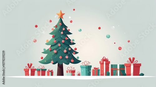 simple flat 2D Christmas tree with decorations of candy canes and baubles. making it an ideal image for modern Christmas cards or online posts.