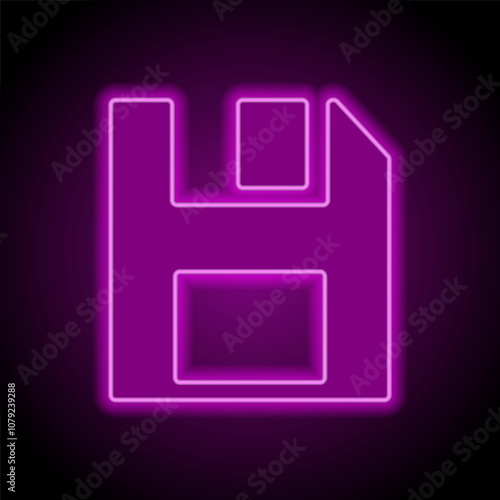 Floppy disk simple vector icon. Flat design. Purple neon on black background