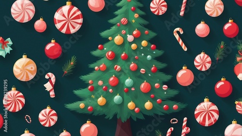 simple flat 2D Christmas tree with decorations of candy canes and baubles. making it an ideal image for modern Christmas cards or online posts.