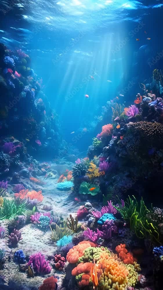 Vibrant underwater scene, featuring a coral reef teeming with various types of colorful fish and other marine life. Sea life background. Vertical video. Vibrant underwater scene, featuring a coral reef teeming with various types of colorful fish and other marine life. Sea life background. Vertical video.
