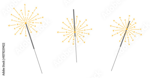 Burning sparklers set. Indian or Bengal lights. Sparkling fireworks, decorative elements for New Year celebration, birthday and other parties. Vector illustration isolated on white background.