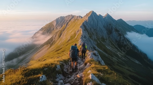 Hikers trekking a scenic mountain range during sunrise with clouds and peaks in background