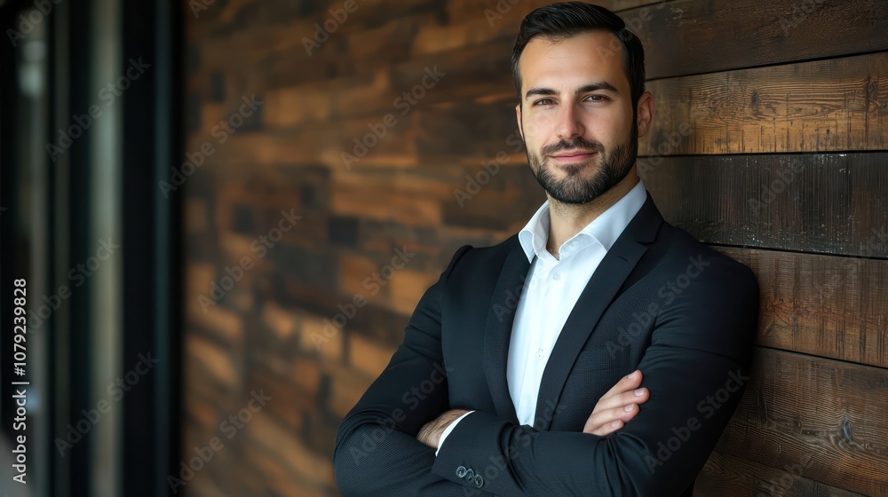 Confident businessman posing with arms crossed, radiating self-assurance and professionalism Confident businessman posing with arms crossed, radiating self-assurance and professionalism