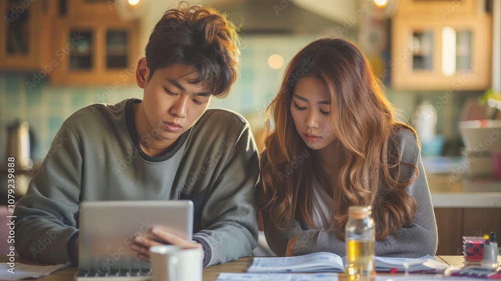 Young Asian couple, heads down, feeling the pressure of rising living costs and debt Young Asian couple, heads down, feeling the pressure of rising living costs and debt