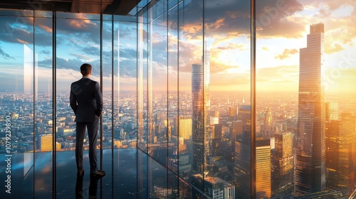 Fototapeta Naklejka Na Ścianę i Meble -  Confident businessman in a suit contemplating a business deal while looking out his office window, with a panoramic view the city