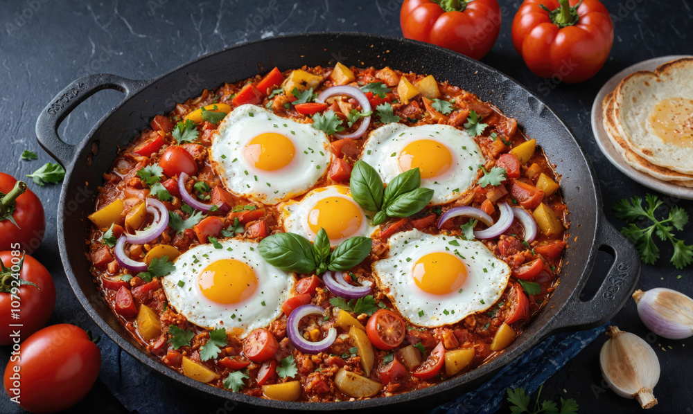 A skillet of eggs and vegetables, perfect for a hearty breakfast A skillet of eggs and vegetables, perfect for a hearty breakfast