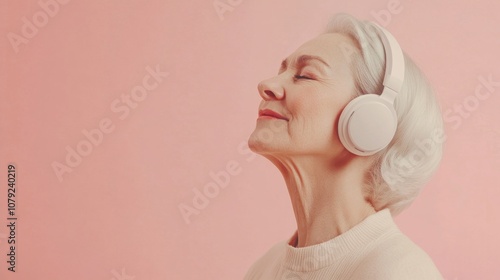 Elderly woman listening to music on headphones with closed eyes on solid pink background photo